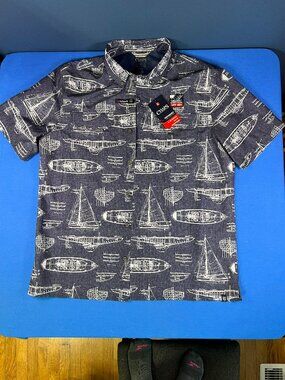 Chaps Performance Engineering Men’s Button Up Shirt Boat Blue Print Size Large